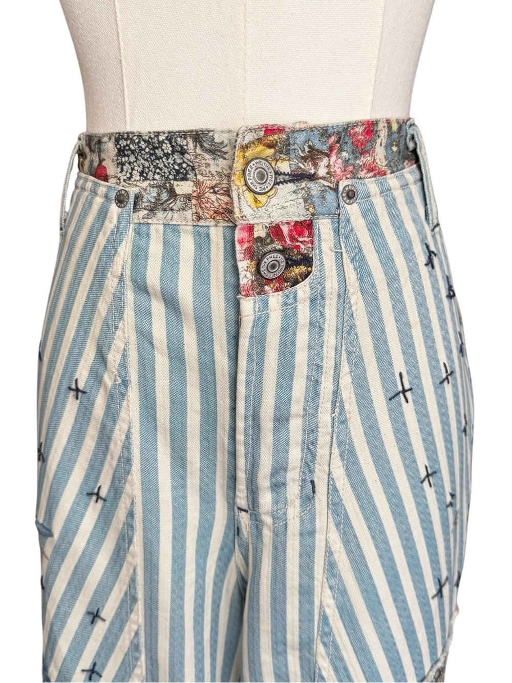 Free People Blue & White Striped Wide Leg Patchwork Jeans - Picture 7 of 16